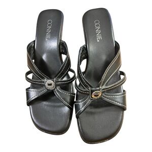 Connie Black Leather Sandals Strappy Kitten Heels Minimalist Neutral Women’s 7W